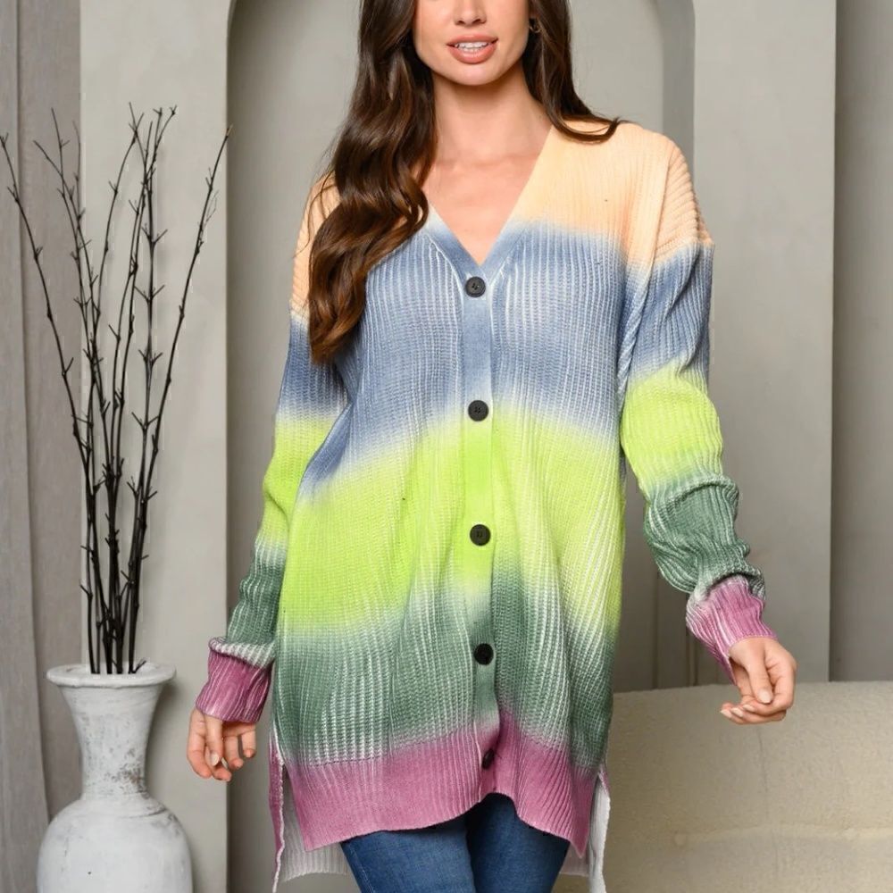 NEW! Women's Long Sleeve Color Block Ombre Long Button Cardigan Sweater Boho